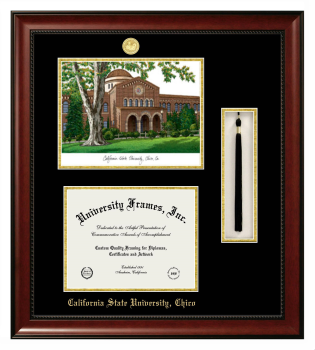 California State University, Chico Double Opening with Campus Image & Tassel Box (Stacked) Frame in Avalon Mahogany with Black & Gold Mats for DOCUMENT: 8 1/2"H X 11"W  