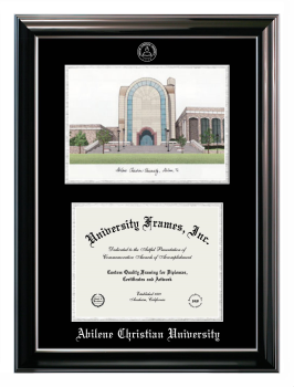 Double Opening with Campus Image (Stacked) Frame in Classic Ebony with Silver Trim with Black & Silver Mats for DOCUMENT: 8 1/2"H X 11"W  