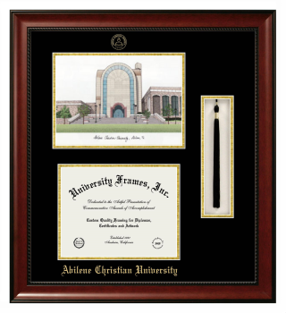 Double Opening with Campus Image & Tassel Box (Stacked) Frame in Avalon Mahogany with Black & Gold Mats for DOCUMENT: 8 1/2"H X 11"W  