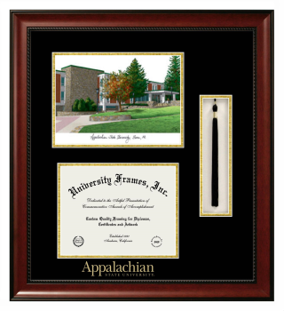 Double Opening with Campus Image & Tassel Box (Stacked) Frame in Avalon Mahogany with Black & Gold Mats for DOCUMENT: 8 1/2"H X 11"W  