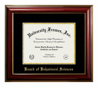 Board of Behavioral Sciences Diploma Frame in Classic Mahogany with Gold Trim with Black & Gold Mats for DOCUMENT: 8 1/2"H X 11"W  