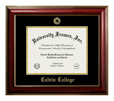 Calvin College Diploma Frame in Classic Mahogany with Gold Trim with Black & Gold Mats for DOCUMENT: 8 1/2"H X 11"W  