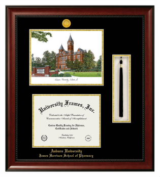 Double Opening with Campus Image & Tassel Box (Stacked) Frame in Avalon Mahogany with Black & Gold Mats for DOCUMENT: 8 1/2"H X 11"W  