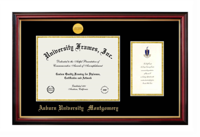 Diploma with Announcement Frame in Petite Mahogany with Gold Trim with Black & Gold Mats for DOCUMENT: 8 1/2"H X 11"W  ,  7"H X 4"W  