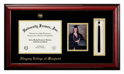 Allegany College of Maryland Diploma with 5 x 7 Portrait & Tassel Box Frame in Classic Mahogany with Black & Gold Mats for DOCUMENT: 8 1/2"H X 11"W  