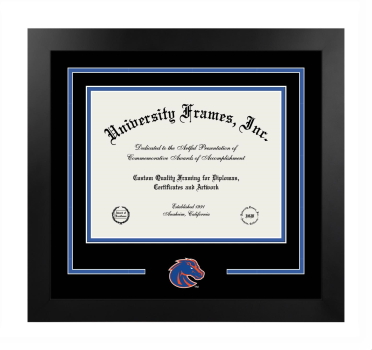 Boise State University Logo Mat Frame in Manhattan Black with Black & Royal Blue Mats for DOCUMENT: 8 1/2"H X 11"W  