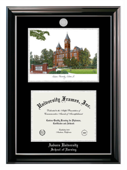 Double Opening with Campus Image (Stacked) Frame in Classic Ebony with Silver Trim with Black & Silver Mats for DOCUMENT: 8 1/2"H X 11"W  