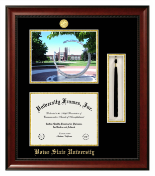 Double Opening with Campus Image & Tassel Box (Stacked) Frame in Avalon Mahogany with Black & Gold Mats for DOCUMENT: 8 1/2"H X 11"W  