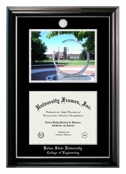 Double Opening with Campus Image (Stacked) Frame in Classic Ebony with Silver Trim with Black & Silver Mats for DOCUMENT: 8 1/2"H X 11"W  