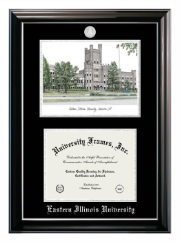 Double Opening with Campus Image (Stacked) Frame in Classic Ebony with Silver Trim with Black & Silver Mats for DOCUMENT: 8 1/2"H X 11"W  