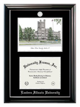 Eastern Illinois University Double Opening with Campus Image (Stacked) Frame in Classic Ebony with Silver Trim with Black & Silver Mats for DOCUMENT: 8 1/2"H X 11"W  