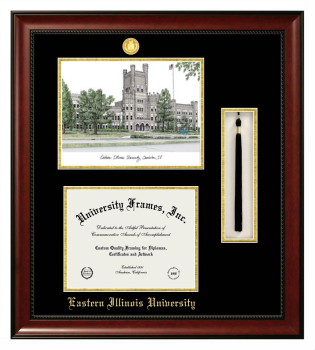 Double Opening with Campus Image & Tassel Box (Stacked) Frame in Avalon Mahogany with Black & Gold Mats for DOCUMENT: 8 1/2"H X 11"W  