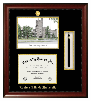 Eastern Illinois University Double Opening with Campus Image & Tassel Box (Stacked) Frame in Avalon Mahogany with Black & Gold Mats for DOCUMENT: 8 1/2"H X 11"W  