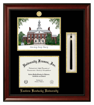 Eastern Kentucky University Double Opening with Campus Image & Tassel Box (Stacked) Frame in Avalon Mahogany with Black & Gold Mats for DOCUMENT: 8 1/2"H X 11"W  