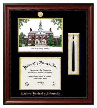 Double Opening with Campus Image & Tassel Box (Stacked) Frame in Avalon Mahogany with Black & Gold Mats for DOCUMENT: 8 1/2"H X 11"W  