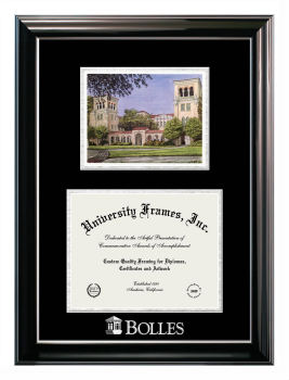 Double Opening with Campus Image (Stacked) Frame in Classic Ebony with Silver Trim with Black & Silver Mats for DOCUMENT: 8 1/2"H X 11"W  