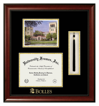 Double Opening with Campus Image & Tassel Box (Stacked) Frame in Avalon Mahogany with Black & Gold Mats for DOCUMENT: 8 1/2"H X 11"W  