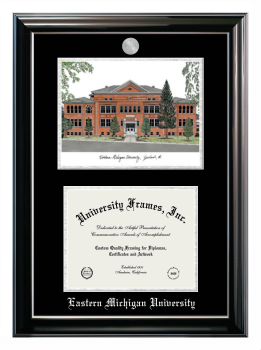 Double Opening with Campus Image (Stacked) Frame in Classic Ebony with Silver Trim with Black & Silver Mats for DOCUMENT: 8 1/2"H X 11"W  