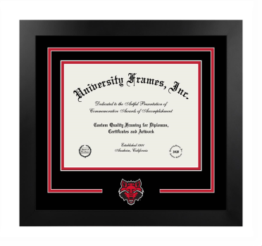 Arkansas State University Logo Mat Frame in Manhattan Black with Black & Red Mats for DOCUMENT: 8 1/2"H X 11"W  