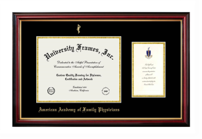 Diploma with Announcement Frame in Petite Mahogany with Gold Trim with Black & Gold Mats for DOCUMENT: 8 1/2"H X 11"W  ,  7"H X 4"W  