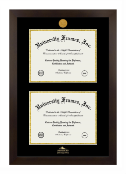 American Sentinel University Double Degree (Stacked) Frame in Manhattan Espresso with Black & Gold Mats for DOCUMENT: 8 1/2"H X 11"W  , DOCUMENT: 8 1/2"H X 11"W  