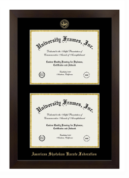 American Shotokan Karate Federation Double Degree (Stacked) Frame in Manhattan Espresso with Black & Gold Mats for DOCUMENT: 8 1/2"H X 11"W  , DOCUMENT: 8 1/2"H X 11"W  