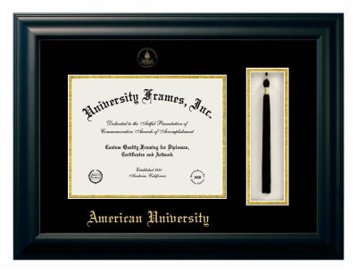 Diploma with Tassel Box Frame in Satin Black with Black & Gold Mats for DOCUMENT: 8 1/2"H X 11"W  