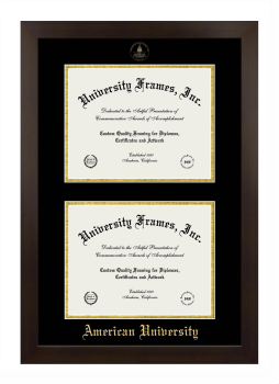 American University Double Degree (Stacked) Frame in Manhattan Espresso with Black & Gold Mats for DOCUMENT: 8 1/2"H X 11"W  , DOCUMENT: 8 1/2"H X 11"W  