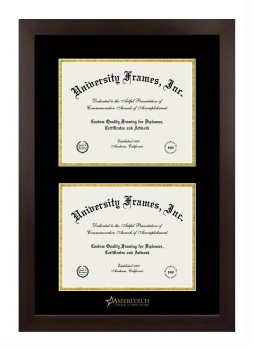 Ameritech College of Healthcare Double Degree (Stacked) Frame in Manhattan Espresso with Black & Gold Mats for DOCUMENT: 8 1/2"H X 11"W  , DOCUMENT: 8 1/2"H X 11"W  