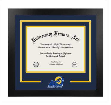 Logo Mat Frame in Manhattan Black with Navy Blue & Amber Mats for DOCUMENT: 8 1/2"H X 11"W  