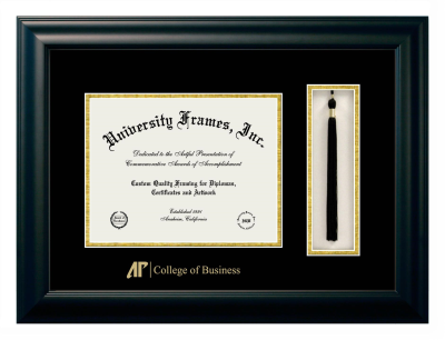 Diploma with Tassel Box Frame in Satin Black with Black & Gold Mats for DOCUMENT: 8 1/2"H X 11"W  