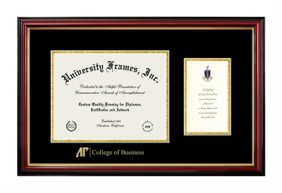 Diploma with Announcement Frame in Petite Mahogany with Gold Trim with Black & Gold Mats for DOCUMENT: 8 1/2"H X 11"W  ,  7"H X 4"W  