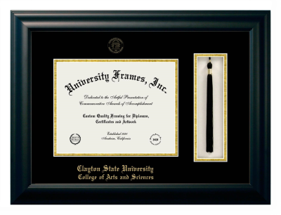 Clayton State University College of Arts and Sciences Diploma with Tassel Box Frame in Satin Black with Black & Gold Mats for DOCUMENT: 8 1/2"H X 11"W  