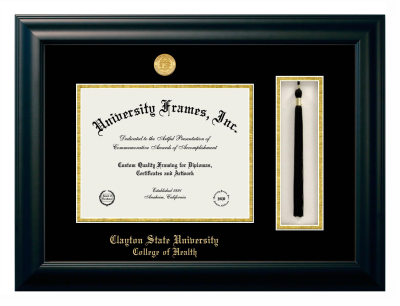 Clayton State University College of Health Diploma with Tassel Box Frame in Satin Black with Black & Gold Mats for DOCUMENT: 8 1/2"H X 11"W  