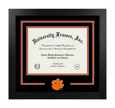 Clemson University Logo Mat Frame in Manhattan Black with Black & Orange Mats for DOCUMENT: 8 1/2"H X 11"W  