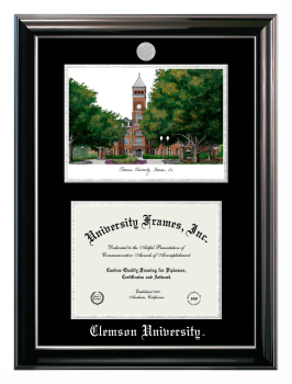 Double Opening with Campus Image (Stacked) Frame in Classic Ebony with Silver Trim with Black & Silver Mats for DOCUMENT: 8 1/2"H X 11"W  