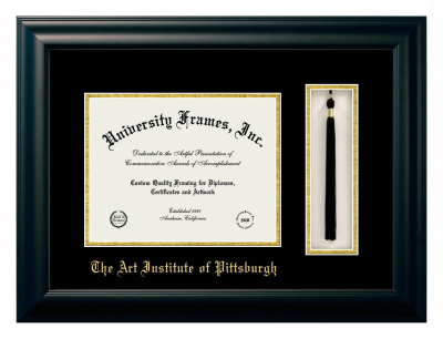 Art Institute of Pittsburgh Diploma with Tassel Box Frame in Satin Black with Black & Gold Mats for DOCUMENT: 8 1/2"H X 11"W  