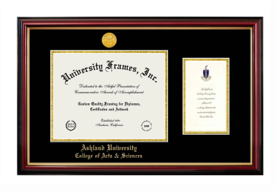 Diploma with Announcement Frame in Petite Mahogany with Gold Trim with Black & Gold Mats for DOCUMENT: 8 1/2"H X 11"W  ,  7"H X 4"W  