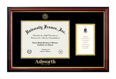 Diploma with Announcement Frame in Petite Mahogany with Gold Trim with Black & Gold Mats for DOCUMENT: 8 1/2"H X 11"W  ,  7"H X 4"W  