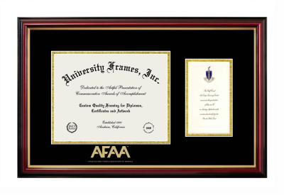 Diploma with Announcement Frame in Petite Mahogany with Gold Trim with Black & Gold Mats for DOCUMENT: 8 1/2"H X 11"W  ,  7"H X 4"W  