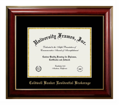 Coldwell Banker Residential Brokerage Diploma Frame in Classic Mahogany with Gold Trim with Black & Gold Mats for DOCUMENT: 8 1/2"H X 11"W  