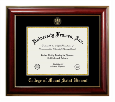 College of Mount Saint Vincent Diploma Frame in Classic Mahogany with Gold Trim with Black & Gold Mats for DOCUMENT: 8 1/2"H X 11"W  