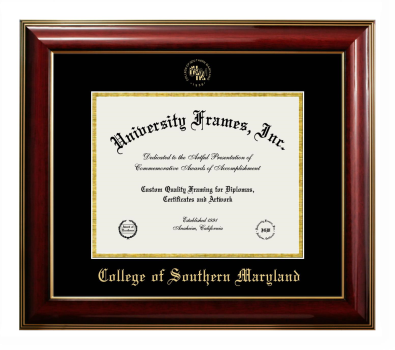 College of Southern Maryland Diploma Frame in Classic Mahogany with Gold Trim with Black & Gold Mats for DOCUMENT: 8 1/2"H X 11"W  