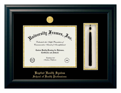 Baptist Health System School of Health Professions Diploma with Tassel Box Frame in Satin Black with Black & Gold Mats for DOCUMENT: 8 1/2"H X 11"W  