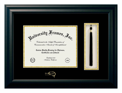 Diploma with Tassel Box Frame in Satin Black with Black & Gold Mats for DOCUMENT: 8 1/2"H X 11"W  