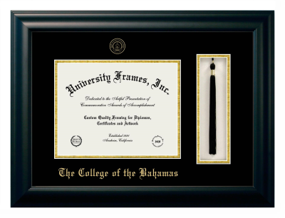 College of the Bahamas Diploma with Tassel Box Frame in Satin Black with Black & Gold Mats for DOCUMENT: 8 1/2"H X 11"W  