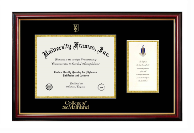 Diploma with Announcement Frame in Petite Mahogany with Gold Trim with Black & Gold Mats for DOCUMENT: 8 1/2"H X 11"W  ,  7"H X 4"W  