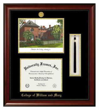 Double Opening with Campus Image & Tassel Box (Stacked) Frame in Avalon Mahogany with Black & Gold Mats for DOCUMENT: 8 1/2"H X 11"W  