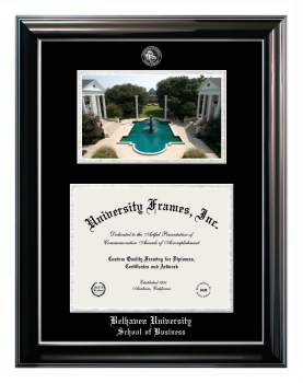 Double Opening with Campus Image (Stacked) Frame in Classic Ebony with Silver Trim with Black & Silver Mats for DOCUMENT: 8 1/2"H X 11"W  