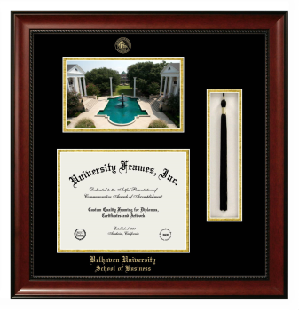 Double Opening with Campus Image & Tassel Box (Stacked) Frame in Avalon Mahogany with Black & Gold Mats for DOCUMENT: 8 1/2"H X 11"W  